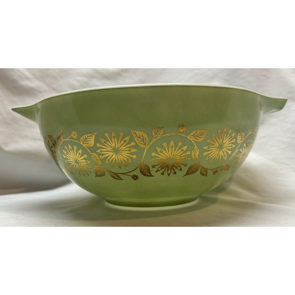 Vintage Pyrex Sage Green Gold Medallion Cinderella Mixing Bowl #443 - 1962 promo